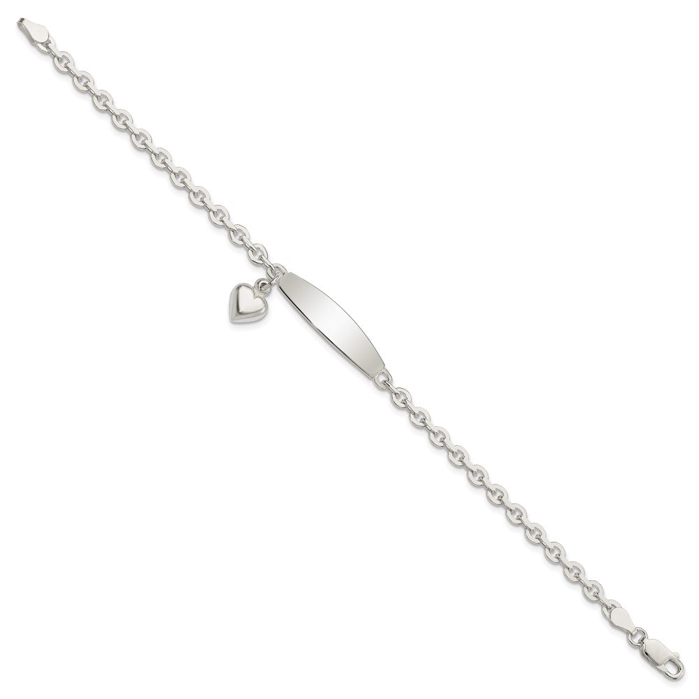 Sterling Silver Polished Engravable Rolo Link w/Dangle Heart Charm and Oval 30x Plate ID Bracelet