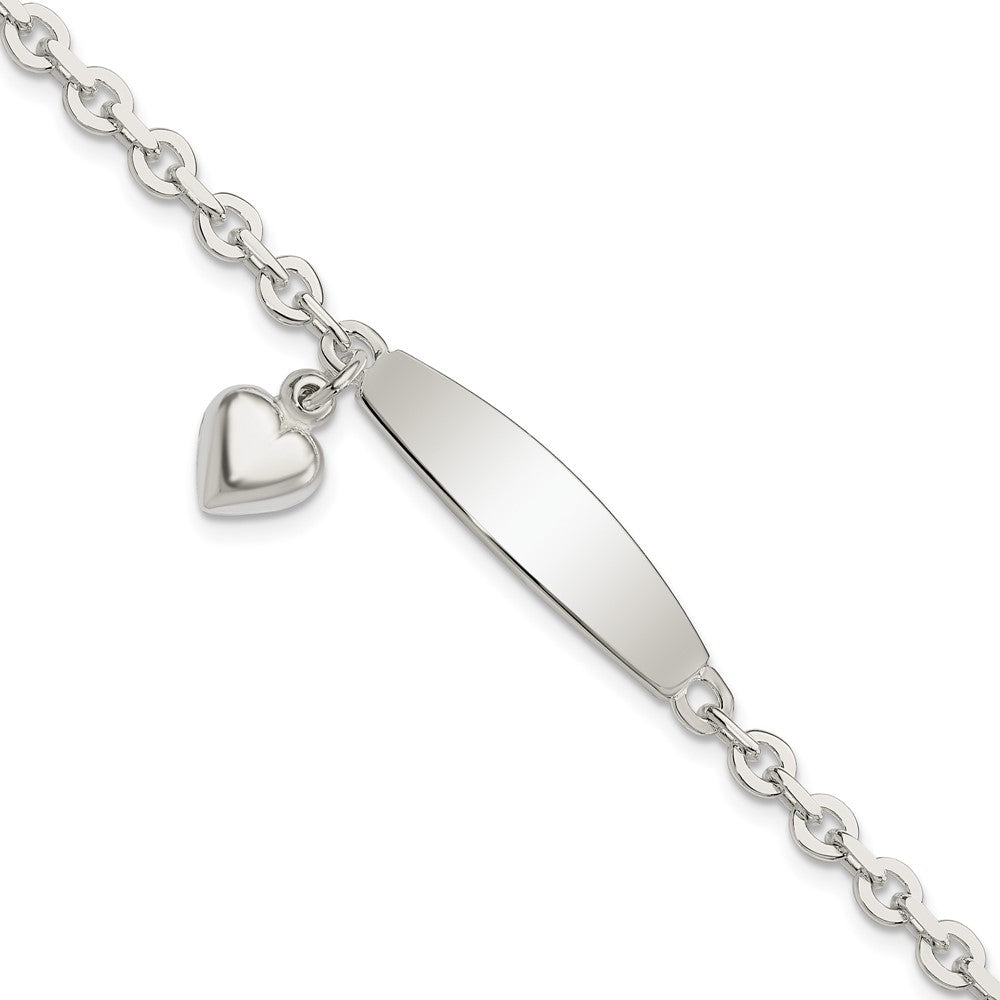 Sterling Silver Polished Engravable Rolo Link w/Dangle Heart Charm and Oval 30x Plate ID Bracelet