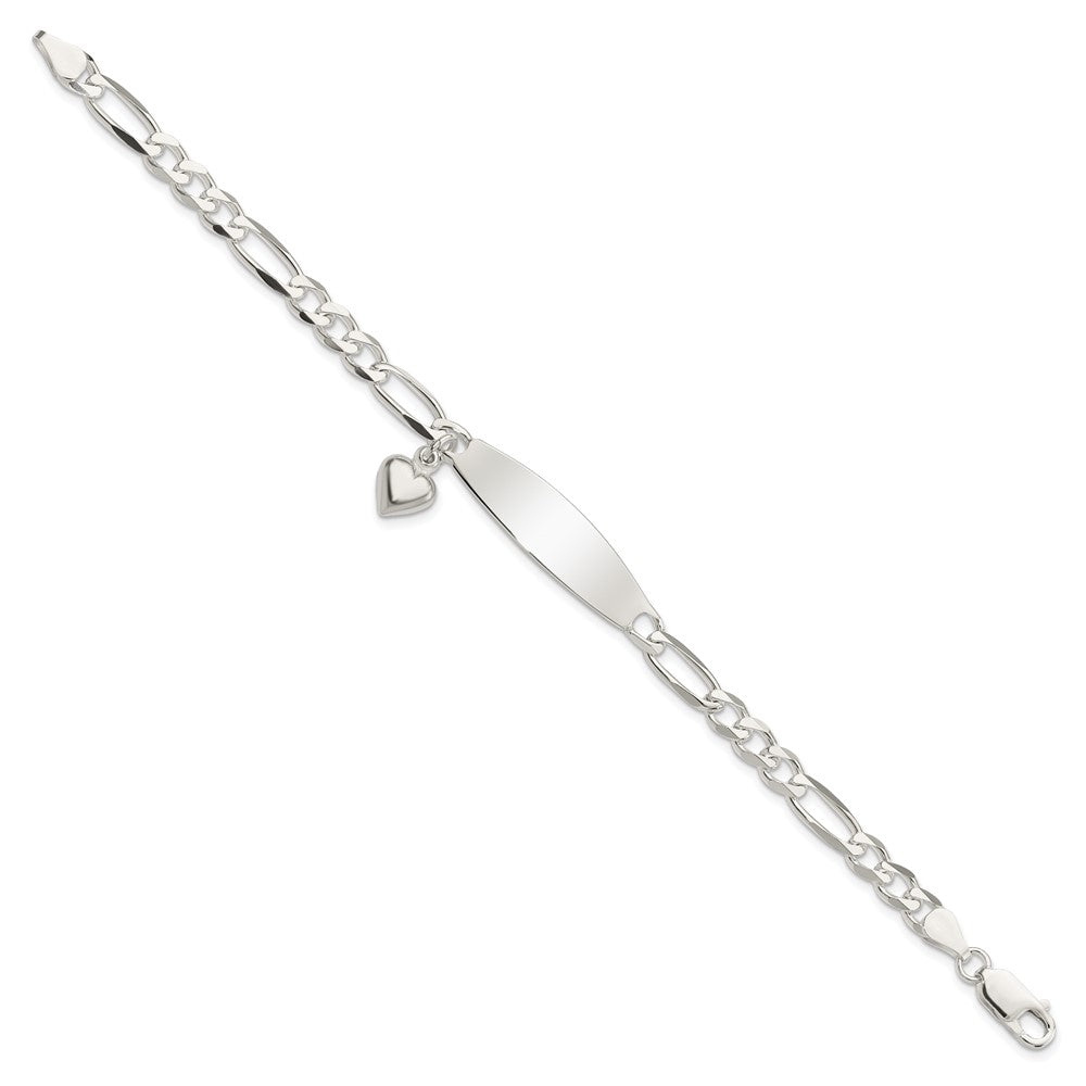 Sterling Silver Polished Engravable Figaro Link w/Dangle Heart Charm and Oval 33x Plate ID Bracelet