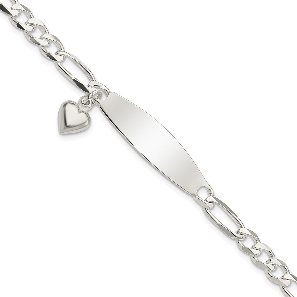 Sterling Silver Polished Engravable Figaro Link w/Dangle Heart Charm and Oval 33x Plate ID Bracelet