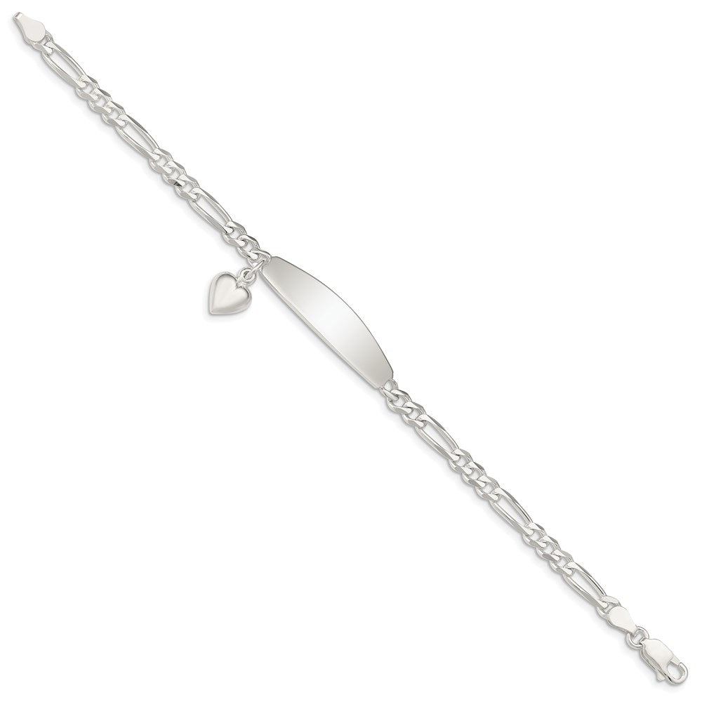 Sterling Silver Polished Engravable Figaro Link Heart Dangle Oval 33x Plate ID Bracelet