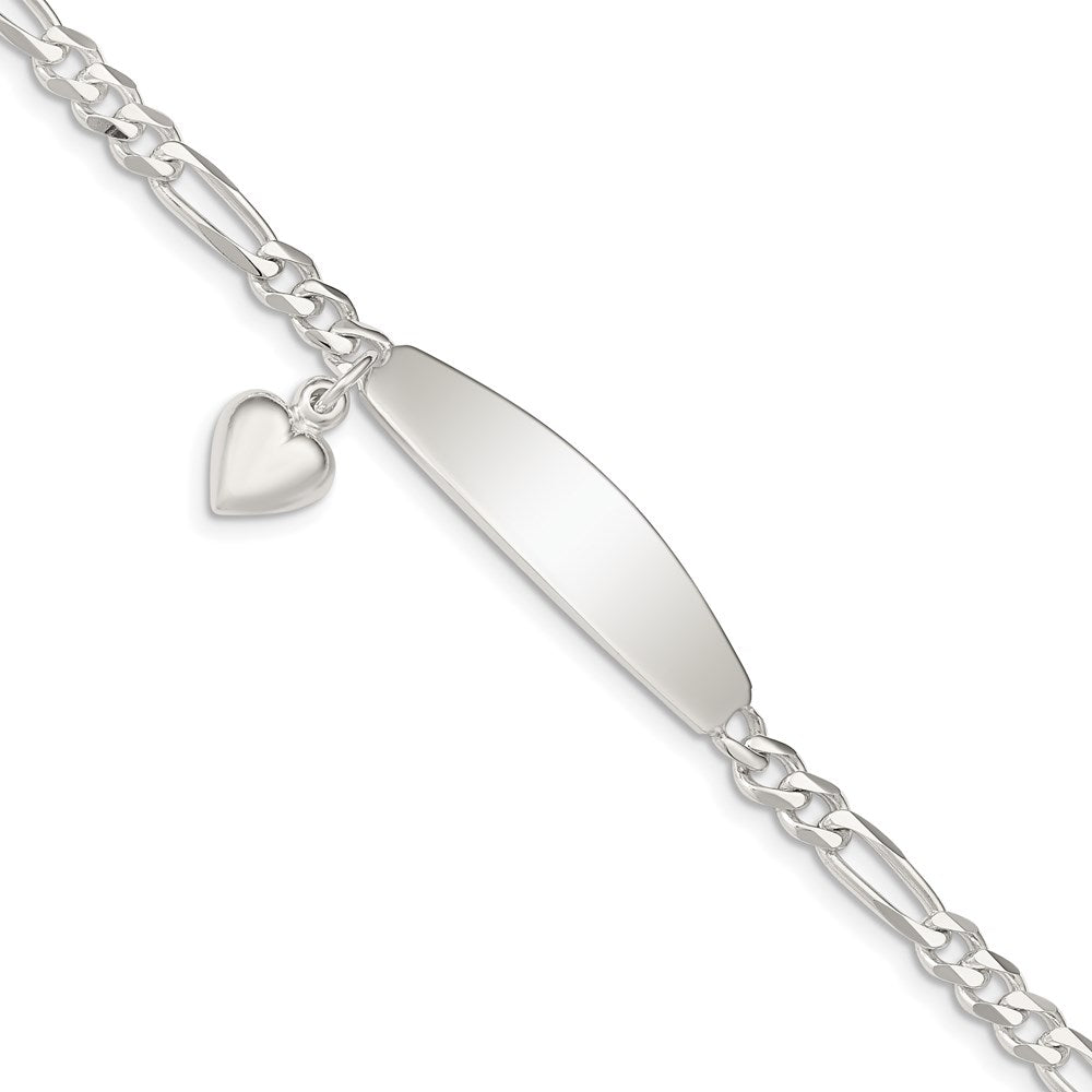 Sterling Silver Polished Engravable Figaro Link Heart Dangle Oval 33x Plate ID Bracelet