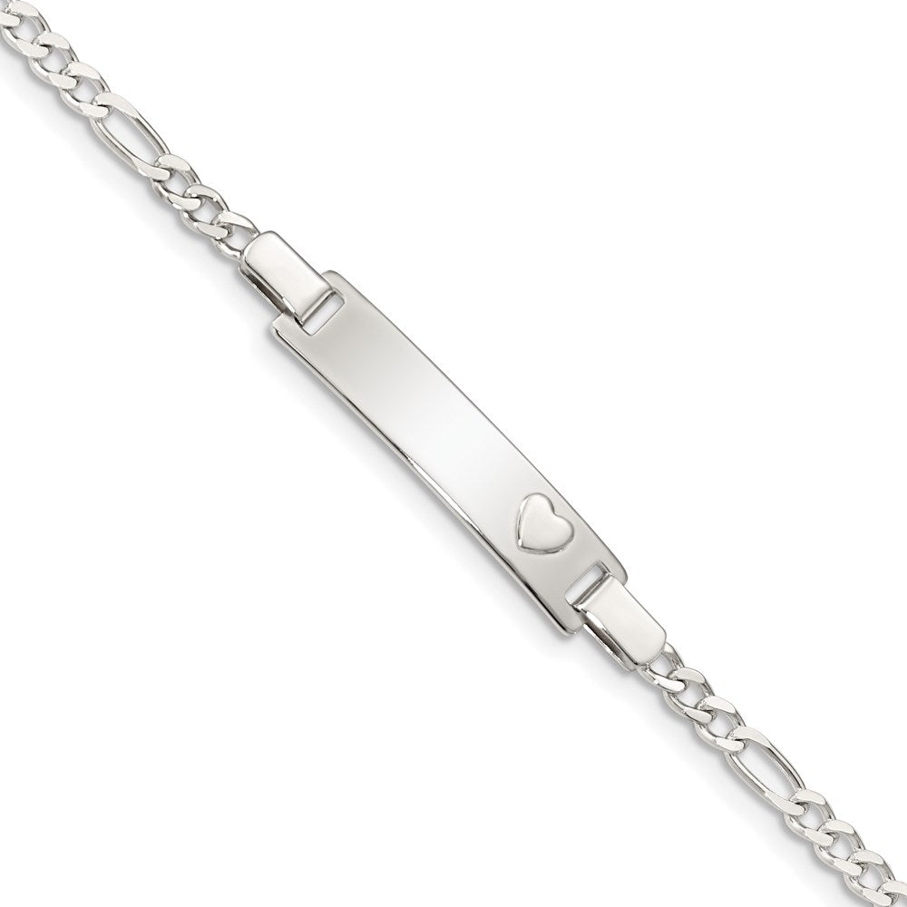 Sterling Silver Engravable Figaro Link 27x Plate with Heart Baby ID Bracelet