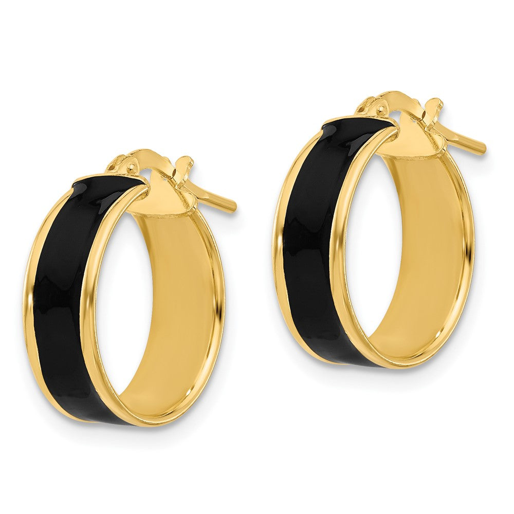 Sterling Silver Gold-tone Black Enamel Round Hoop Earrings