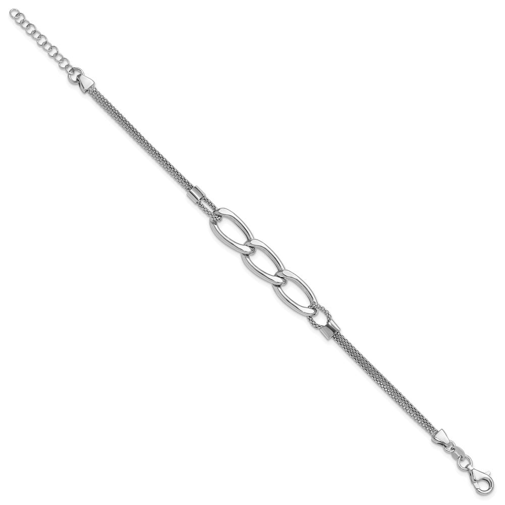Sterling Silver Rh-plat Polished Multi-Strand w/ ext. Bracelet