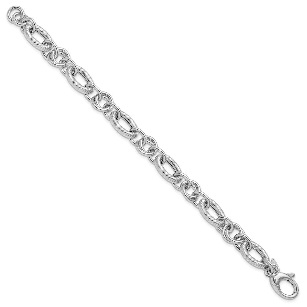 SS RH-plated Polished/Textured Fancy Link w/ ext. Bracelet