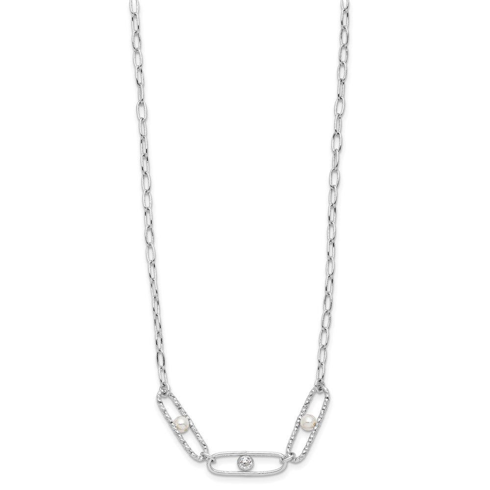 Sterling Silver Rh-plated CZ and Crystal Pearl with ext. Neckl