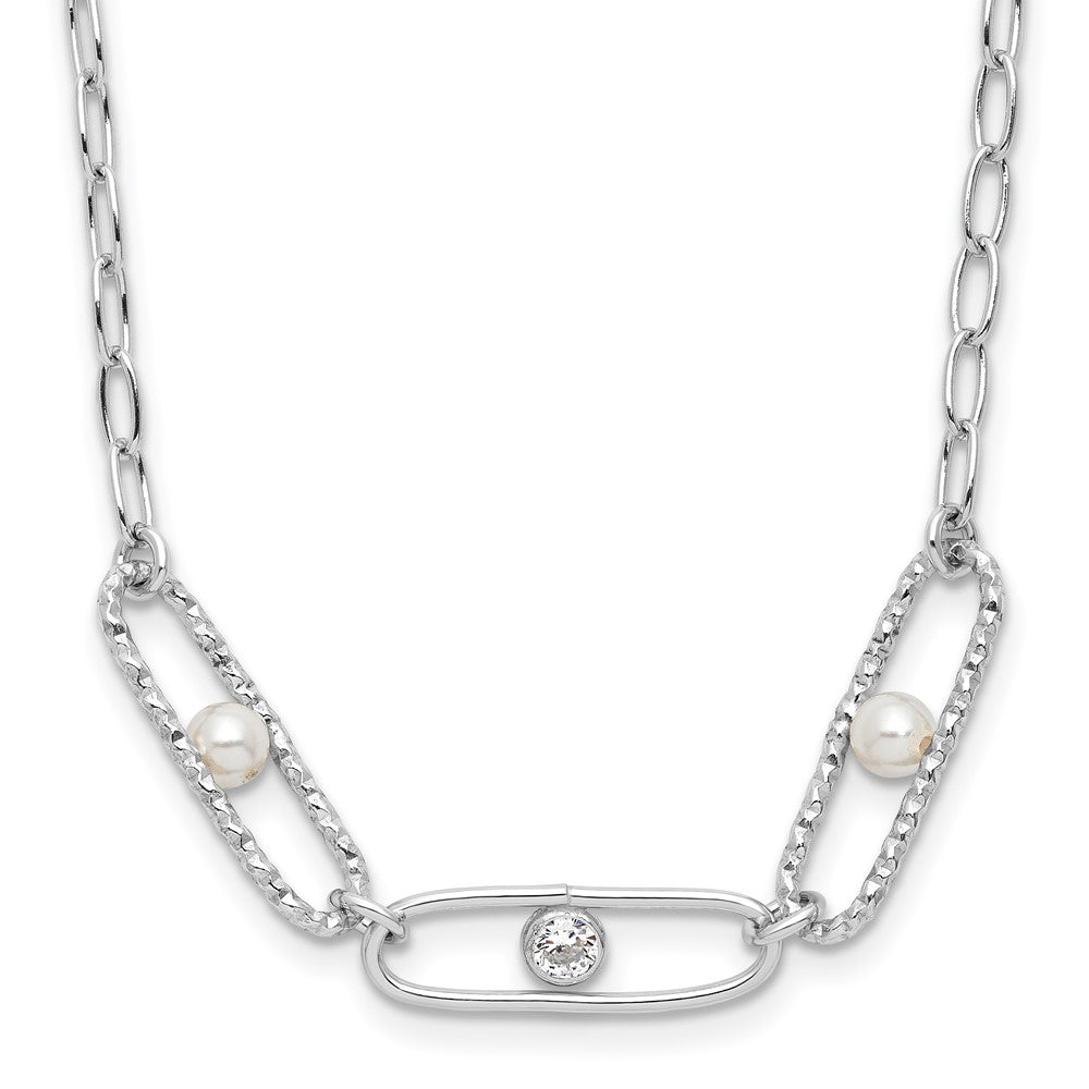 Sterling Silver Rh-plated CZ and Crystal Pearl w/ ext. Necklace