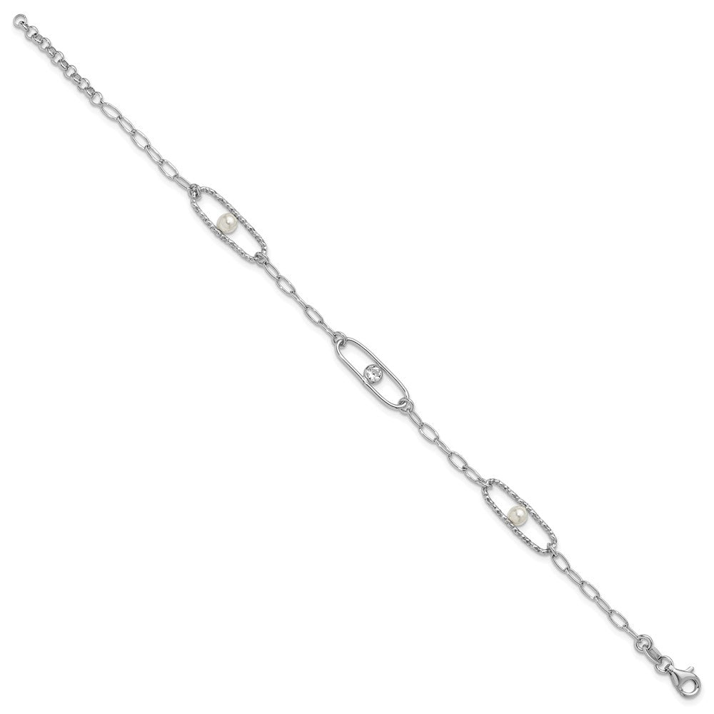 Sterling Silver Rh-plated CZ and Crystal Pearl with ext. Brace