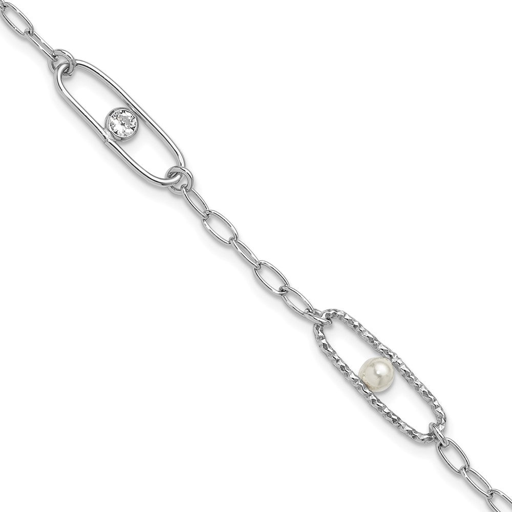 Sterling Silver Rh-plated CZ and Crystal Pearl with ext. Brace