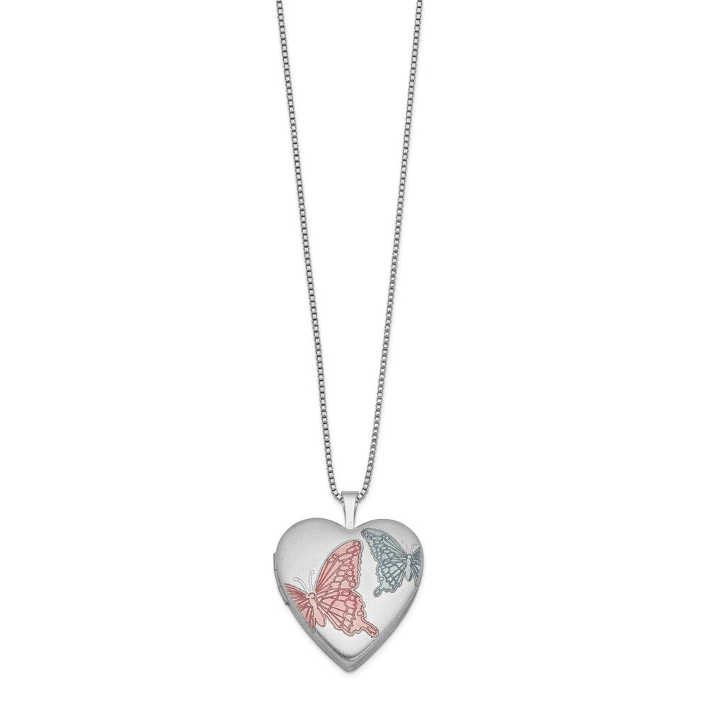 Sterling Silver RH-plated Enamel Butterflies Heart Locket Necklace