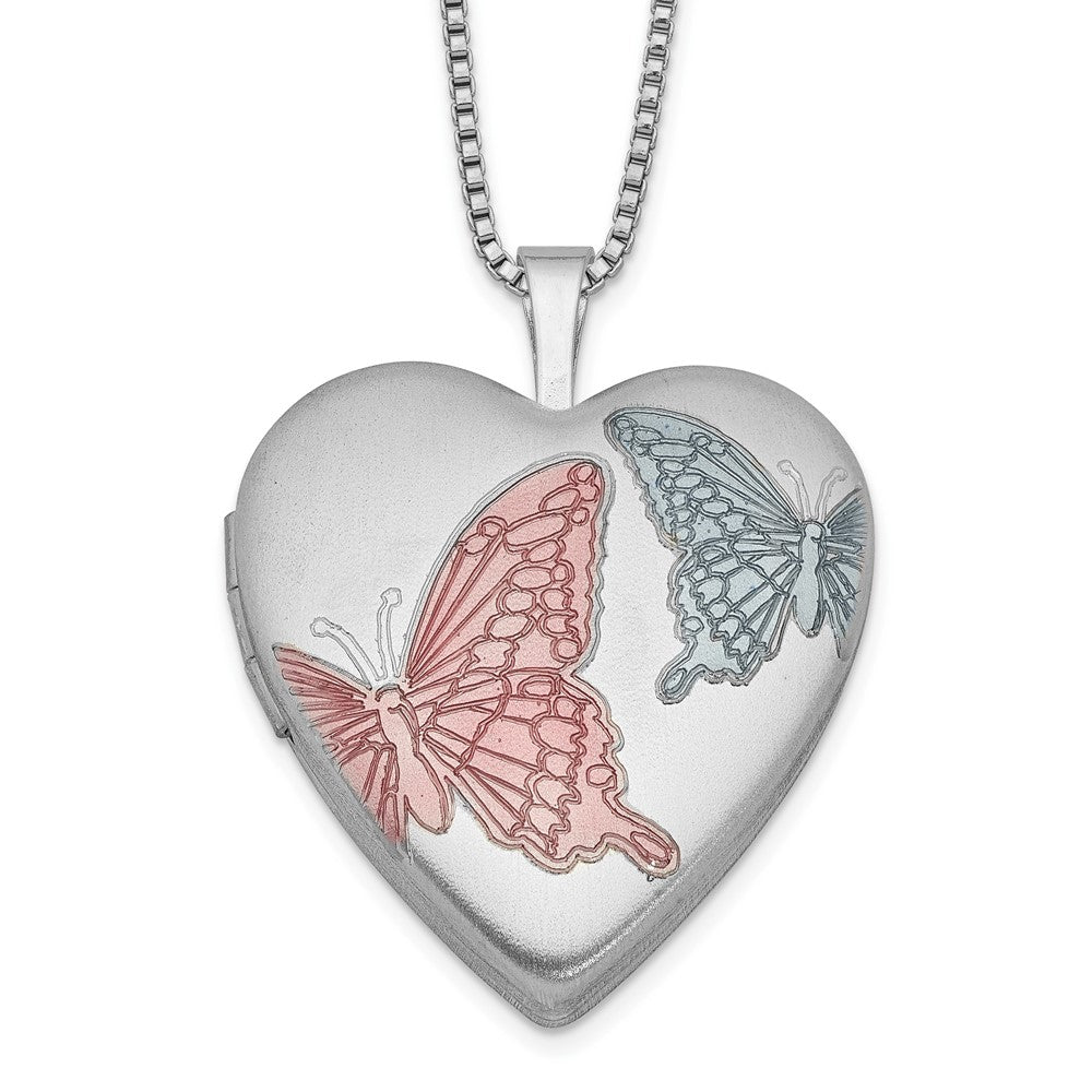 Sterling Silver RH-plated Enamel Butterflies Heart Locket Necklace