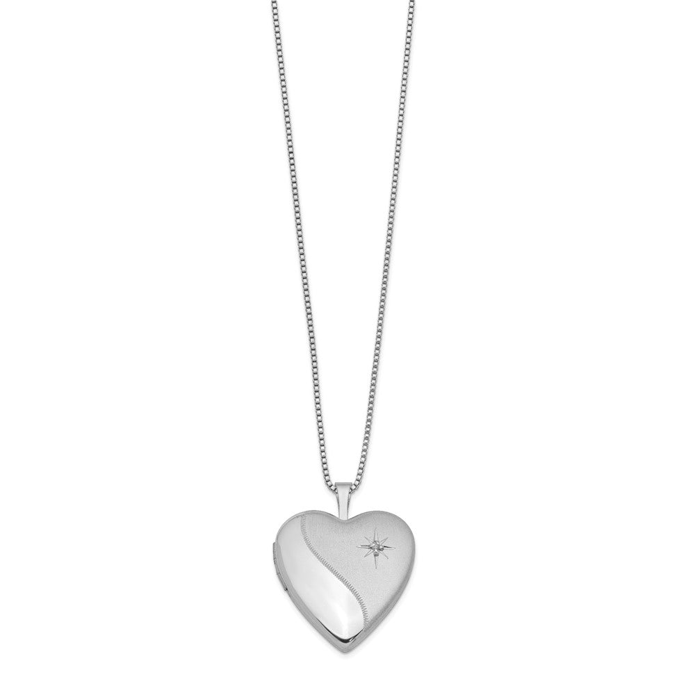 Sterling Silver Rhodium-plated Satin Diamond Heart Locket Necklace