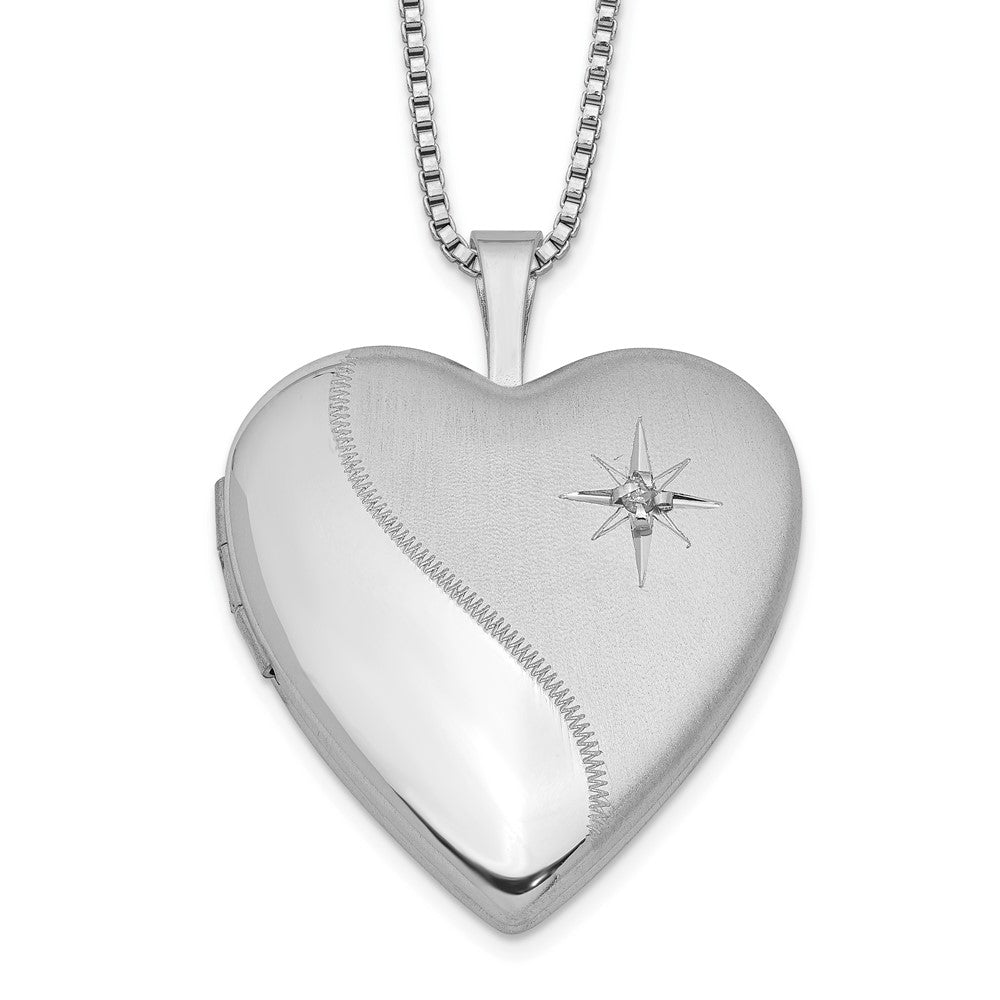 Sterling Silver Rhodium-plated Satin Diamond Heart Locket Necklace