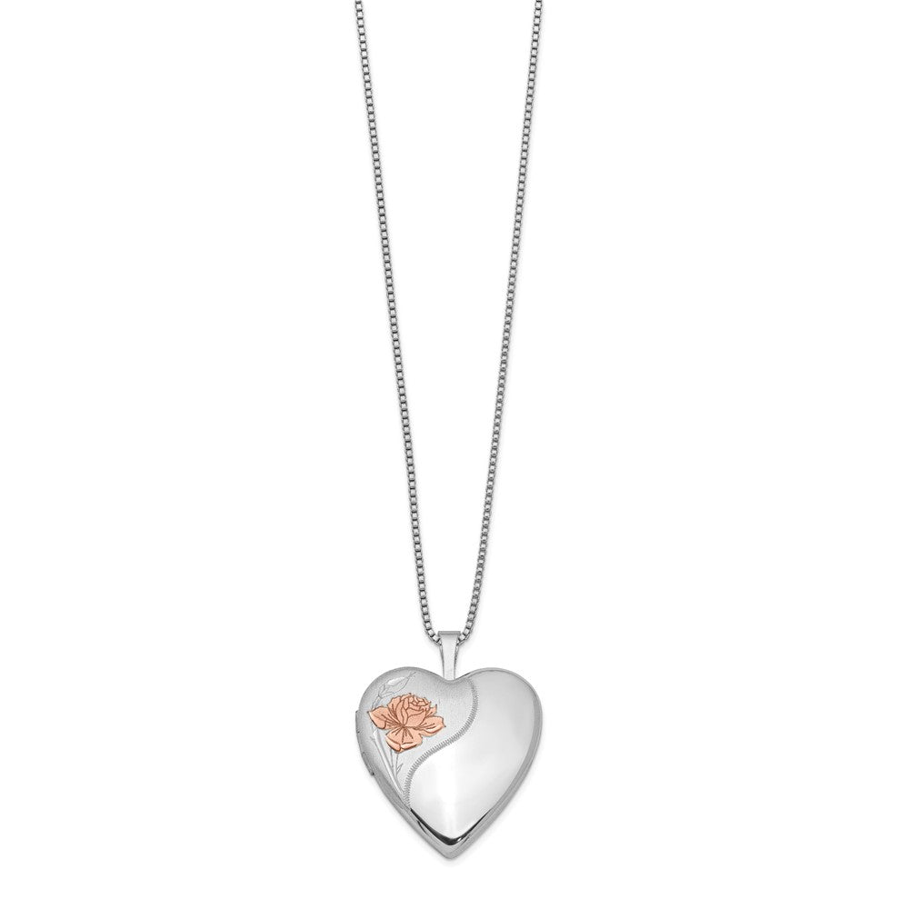 Sterling Silver Rhodium-plated Enamel Rose Heart Locket Necklace