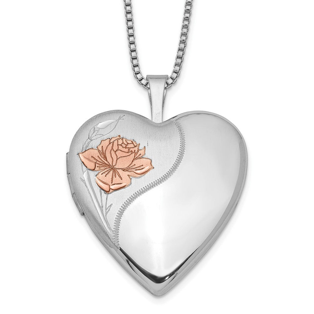 Sterling Silver Rhodium-plated Enamel Rose Heart Locket Necklace