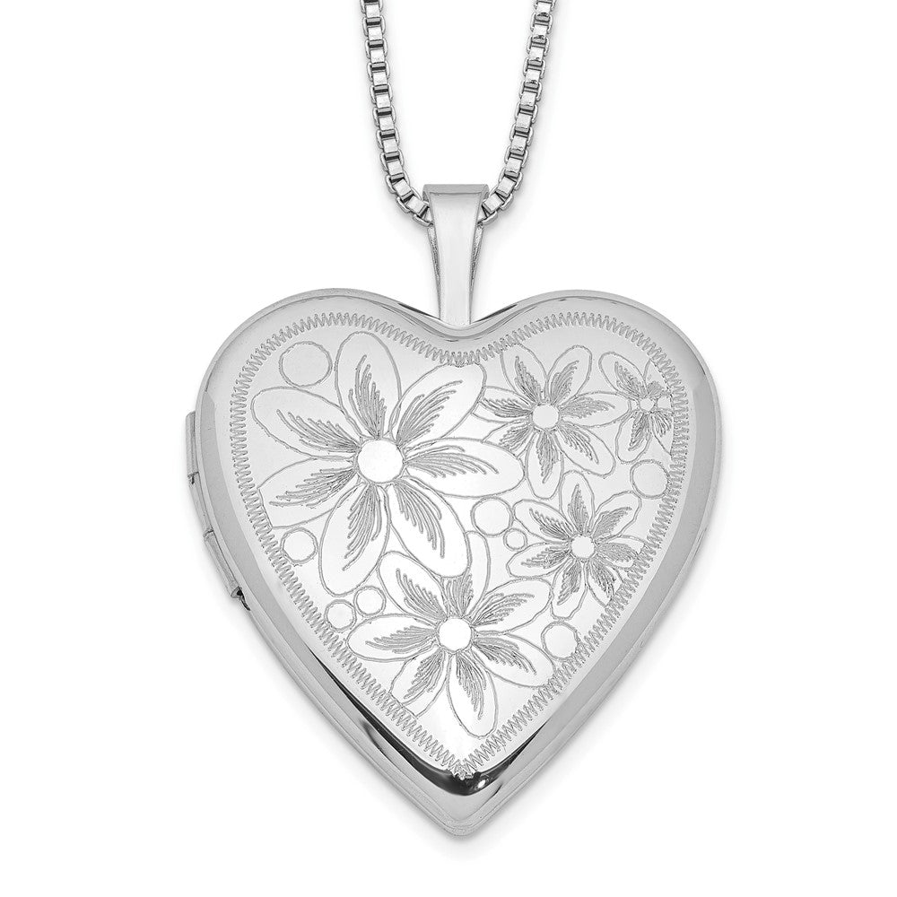 Sterling Silver Rhodium-plated with Daisies Heart Locket Necklace