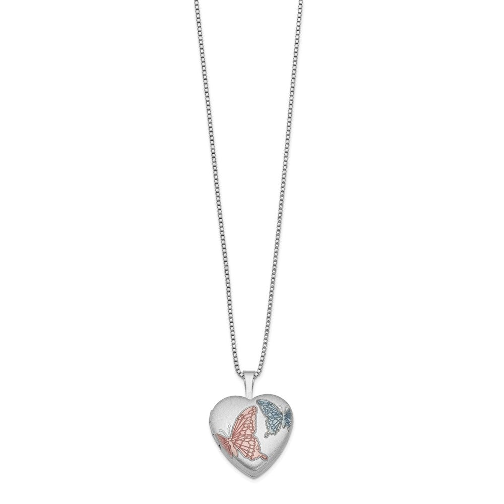 Sterling Silver RH-plated Satin Enamel Butterfly Heart Locket Necklace