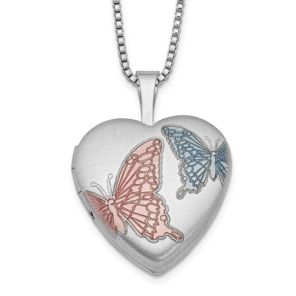 Sterling Silver RH-plated Satin Enamel Butterfly Heart Locket Necklace