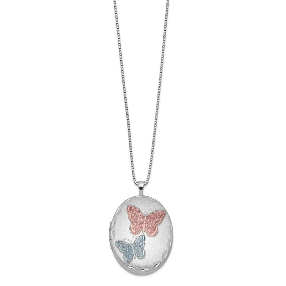 Sterling Silver RH-plated Enameled Butterfly Oval Locket Necklace