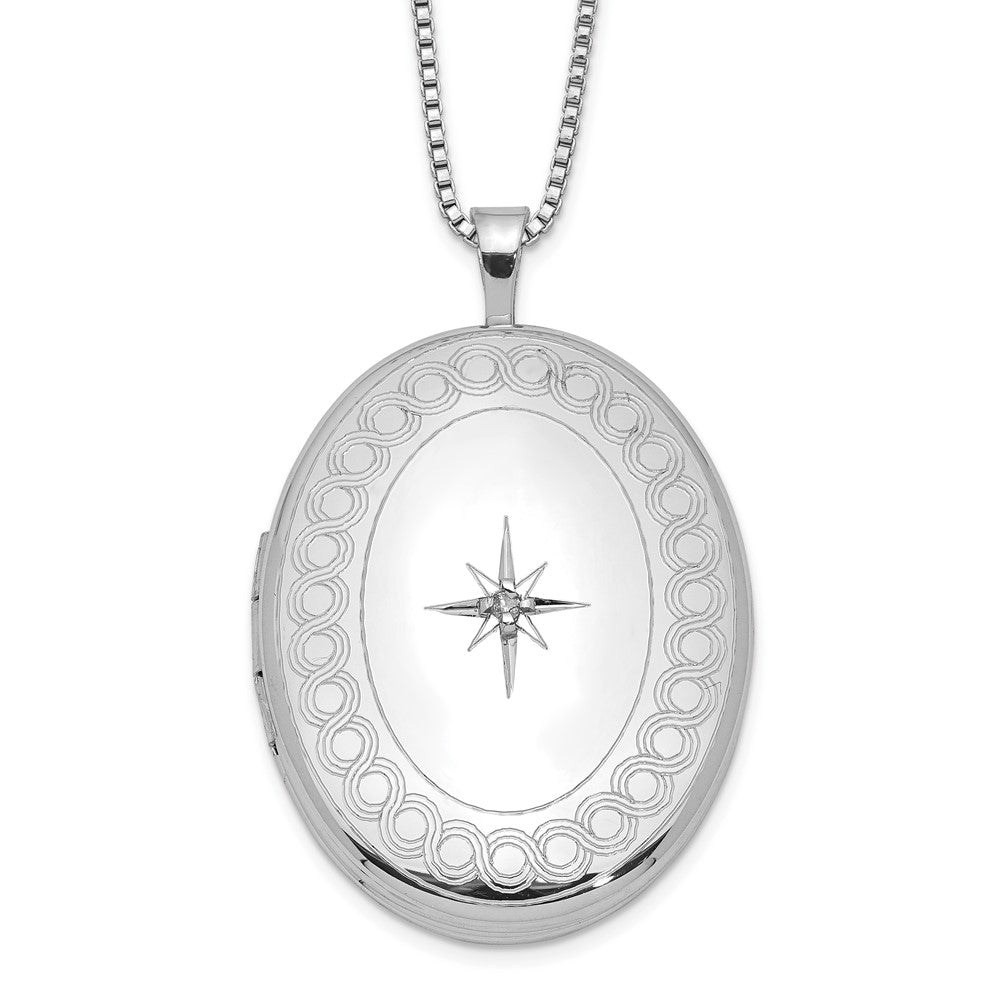 Sterling Silver Rhod-plated Circle Border Diamond Oval Locket Necklace