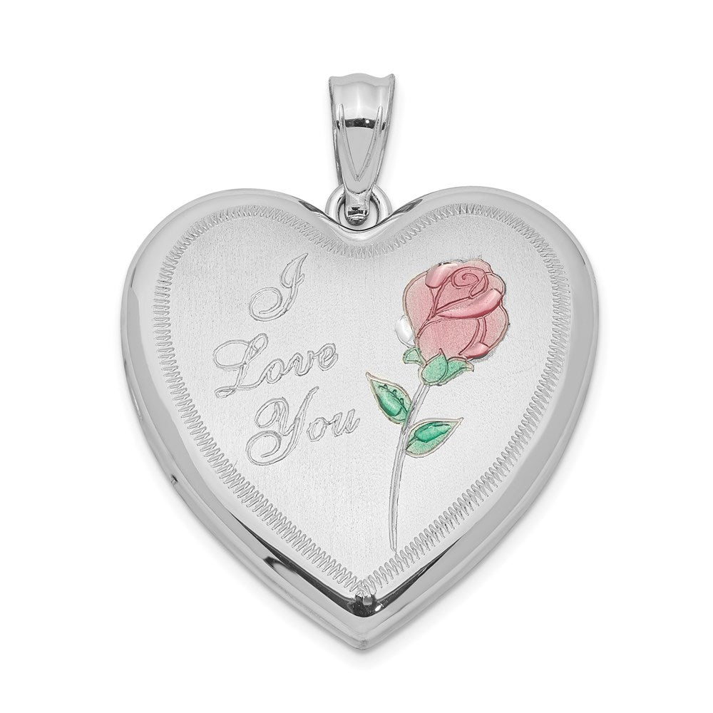 Sterling Silver Rhodium-plated Enameled Rose Heart Locket