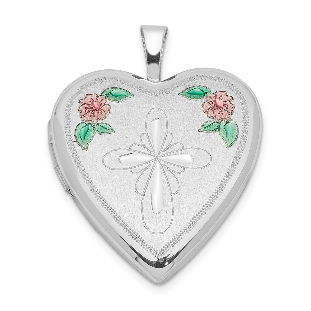 Sterling Silver Rhodium-plated Enameled Flower and Cross Heart Locket