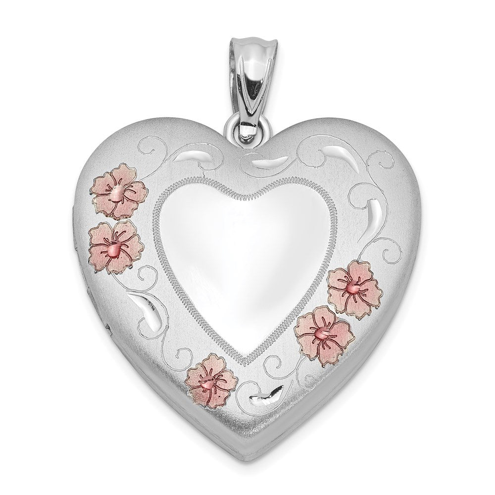 Sterling Silver Rhodium-plated Enameled Floral Border Heart Locket