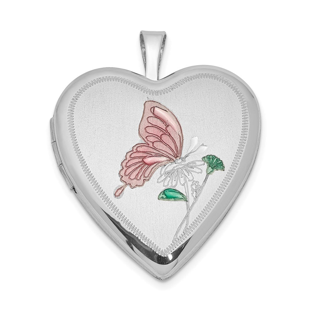 Sterling Silver Rhodium-plated Enameled Butterfly Heart Locket