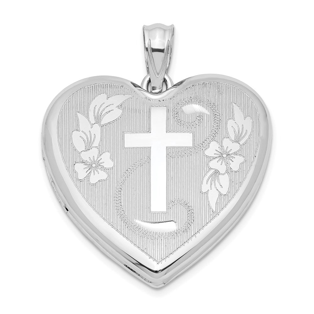 Sterling Silver Rhodium-plated D/C Cross Heart Locket