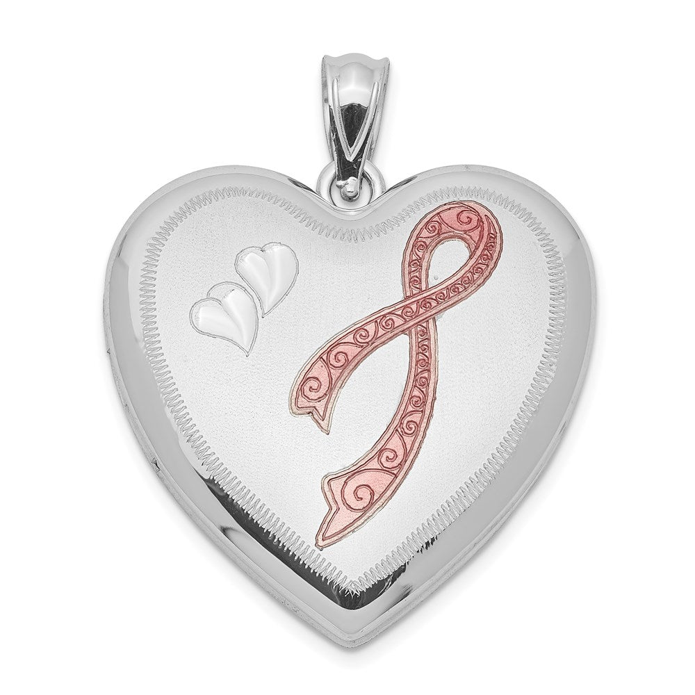 Sterling Silver Rhodium-plated Enameled D/C Pink Ribbon Heart Locket