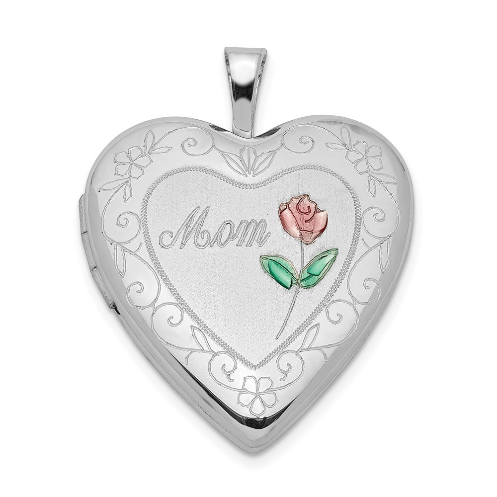Sterling Silver Rhod-plated D/C & Enameled Mom Rose Heart Locket