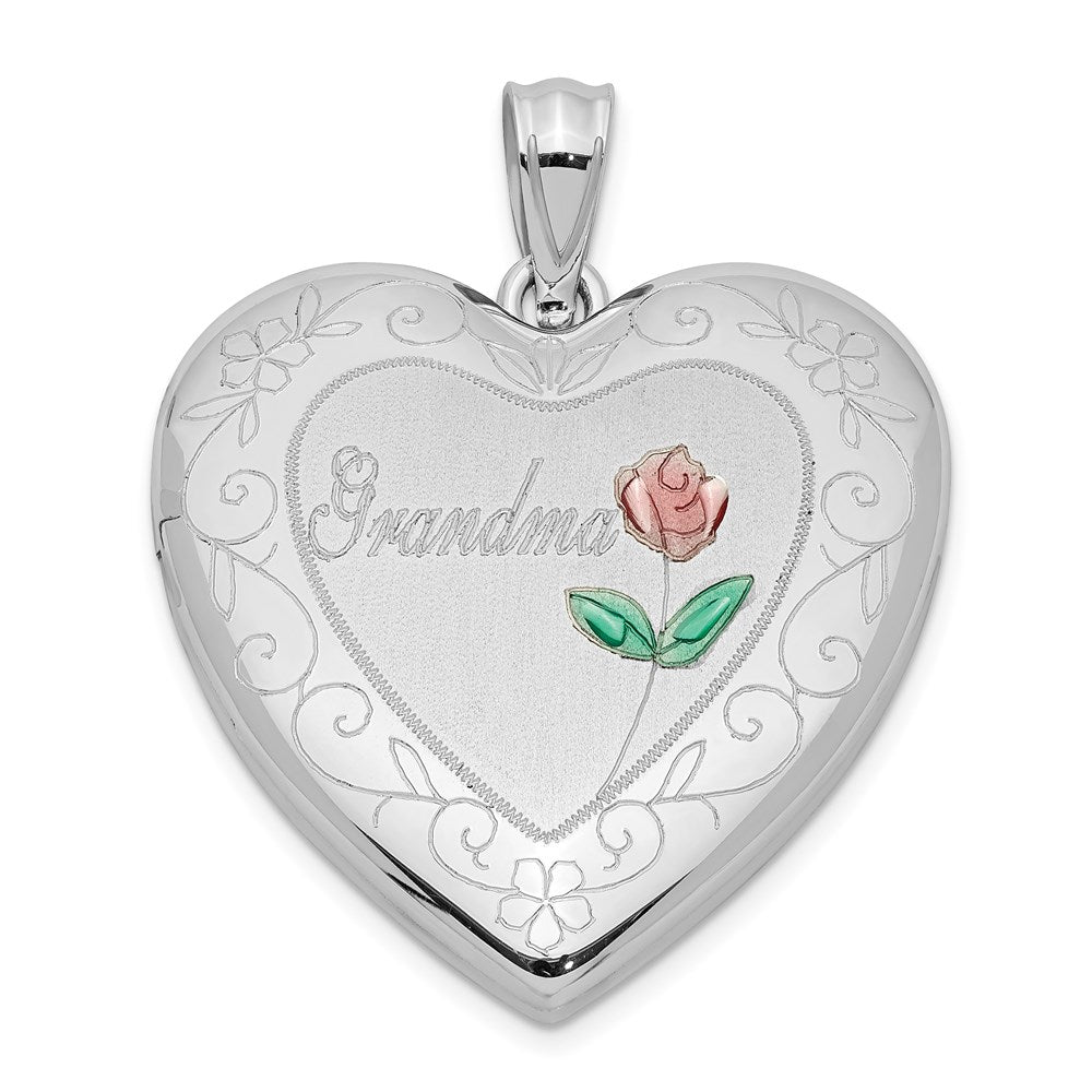 Sterling Silver Rhodium-plated Enameled & D/C Grandma Heart Locket