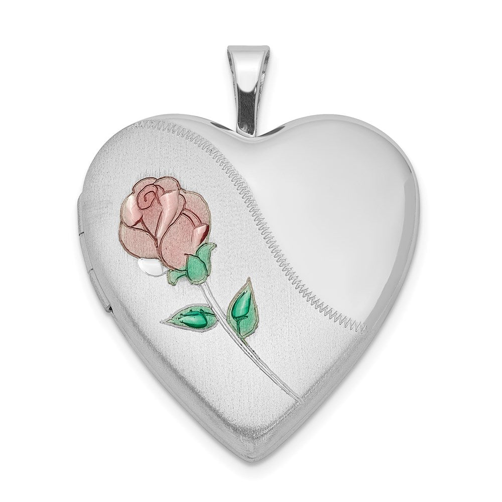 Sterling Silver Rhod-plated Satin, Enamel, D/C Floral Heart Locket