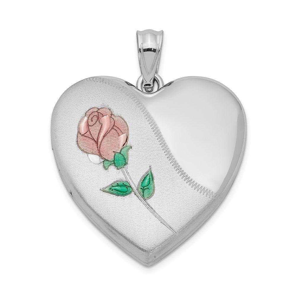Sterling Silver Rhodium-plated Satin Enameled & D/C Rose Locket
