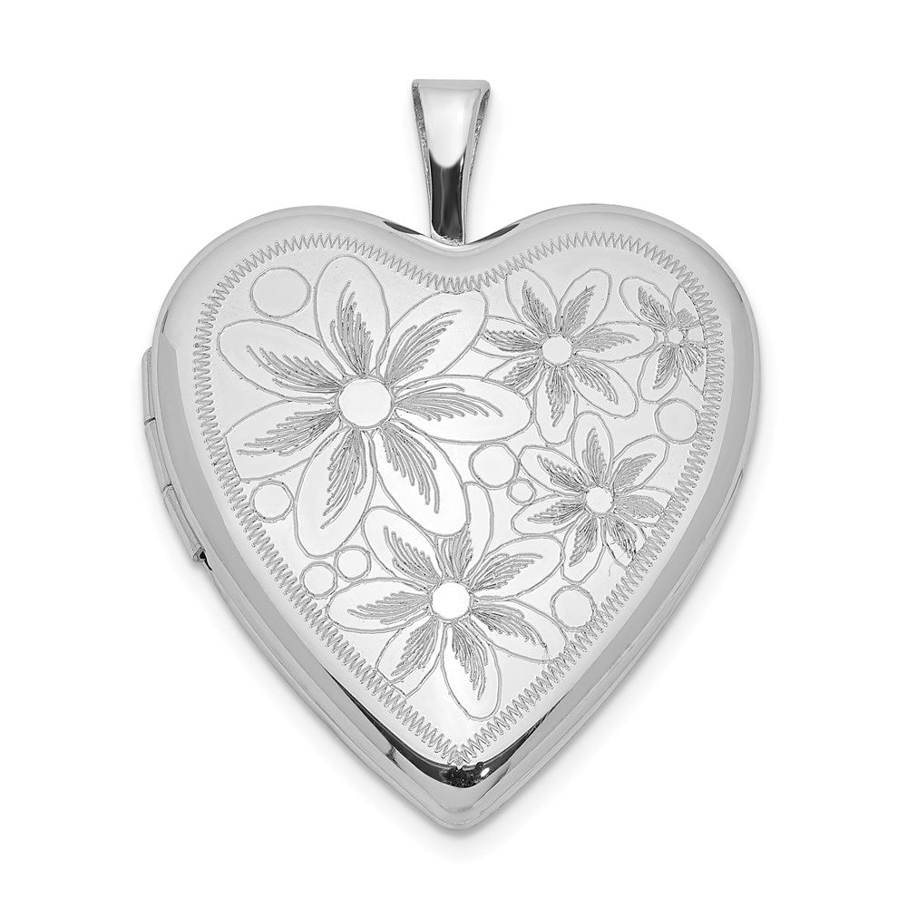 Sterling Silver Rhodium-plated Textured Daisies Heart Locket