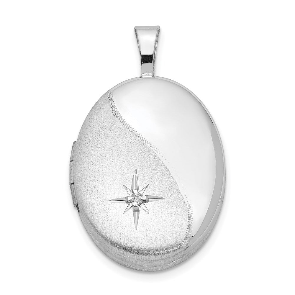 Sterling Silver Rhodium-plated Diamond Polished/Satin Star Oval Locket