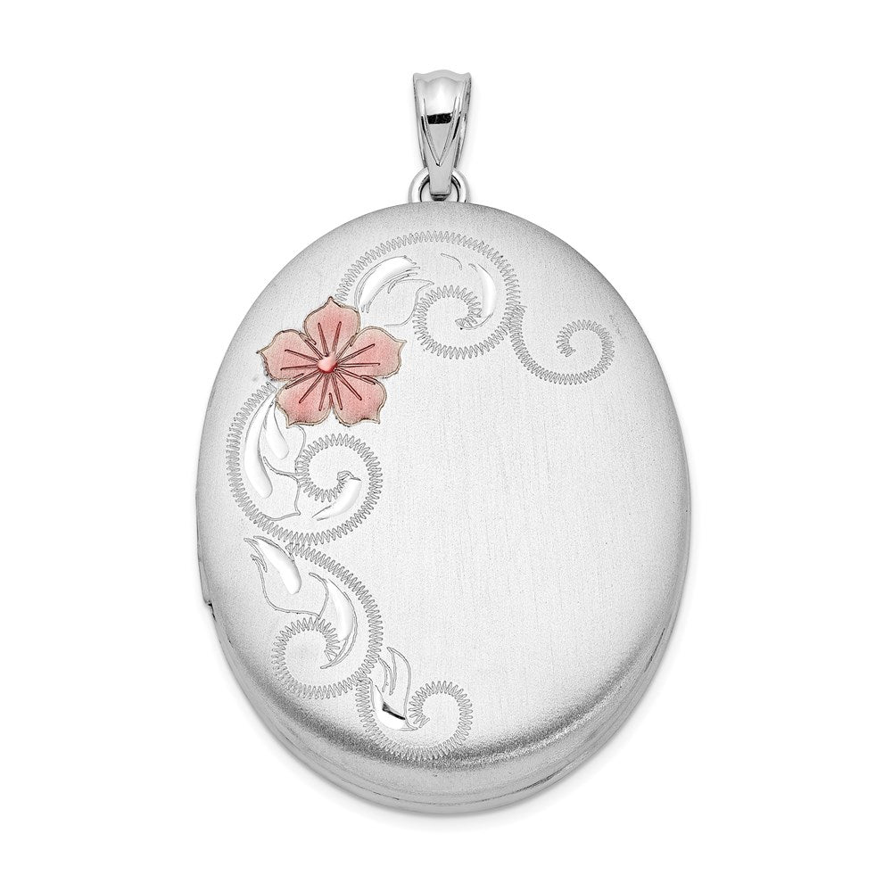 Sterling Silver Rhodium-plated Satin & Enameled Floral Oval Locket