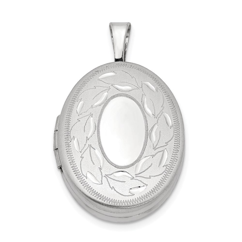Sterling Silver Rhod-plated Polished & Satin Leaf Border Oval Locket