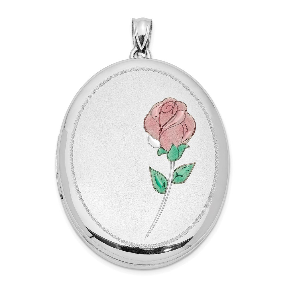 Sterling Silver Rhod-plated Satin & Polished Enamel Rose Oval Locket