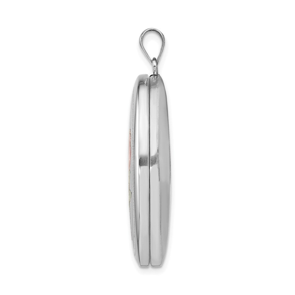 Sterling Silver Rhod-plated Satin Love w/ Enameled Rose Oval Locket