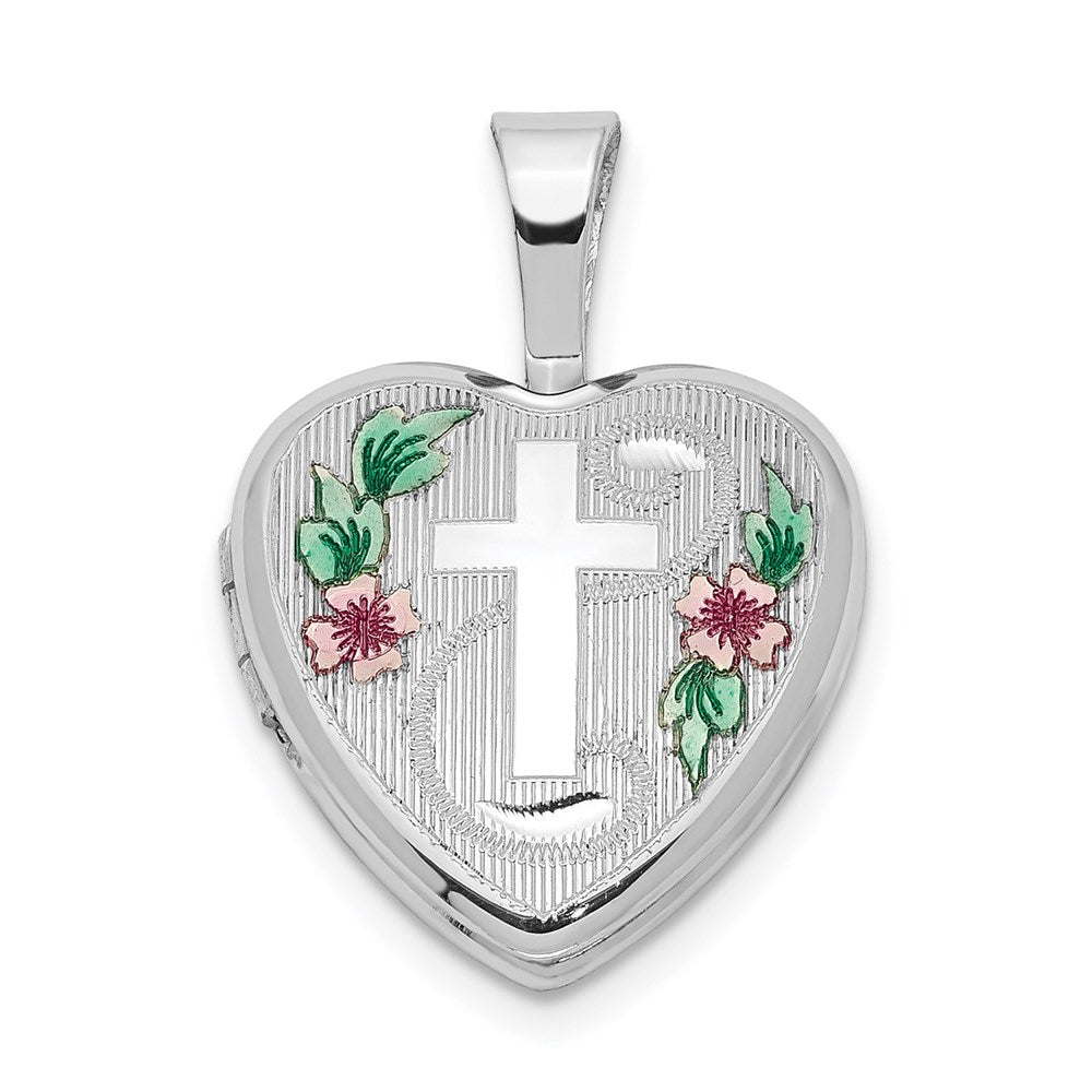 Sterling Silver Rhodium-plated Cross w/ Enamel Flowers Heart Locket