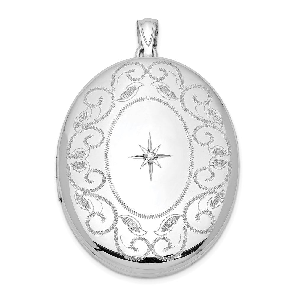 Sterling Silver Rhodium-plated & Diamond w/ Swirl Border Oval Locket