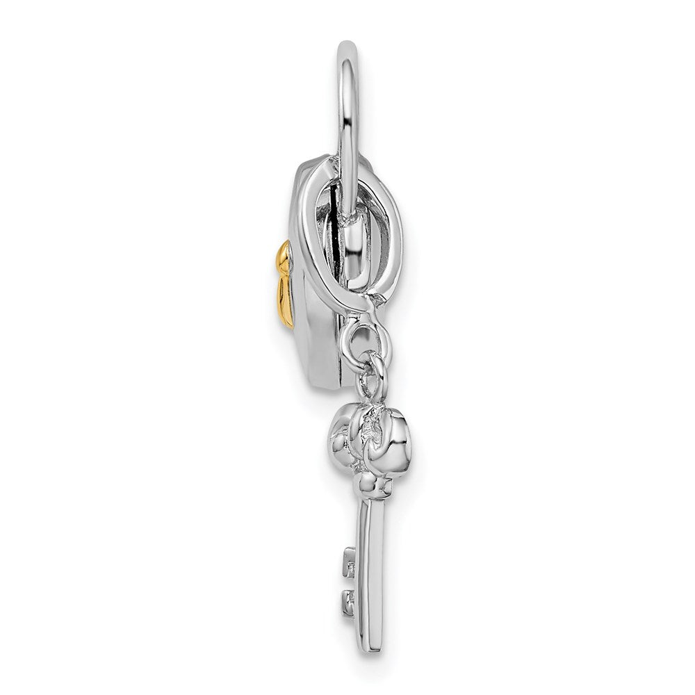 Sterling Silver Rhod & Gold-plated Heart Lock & Key Hinge Locket Charm