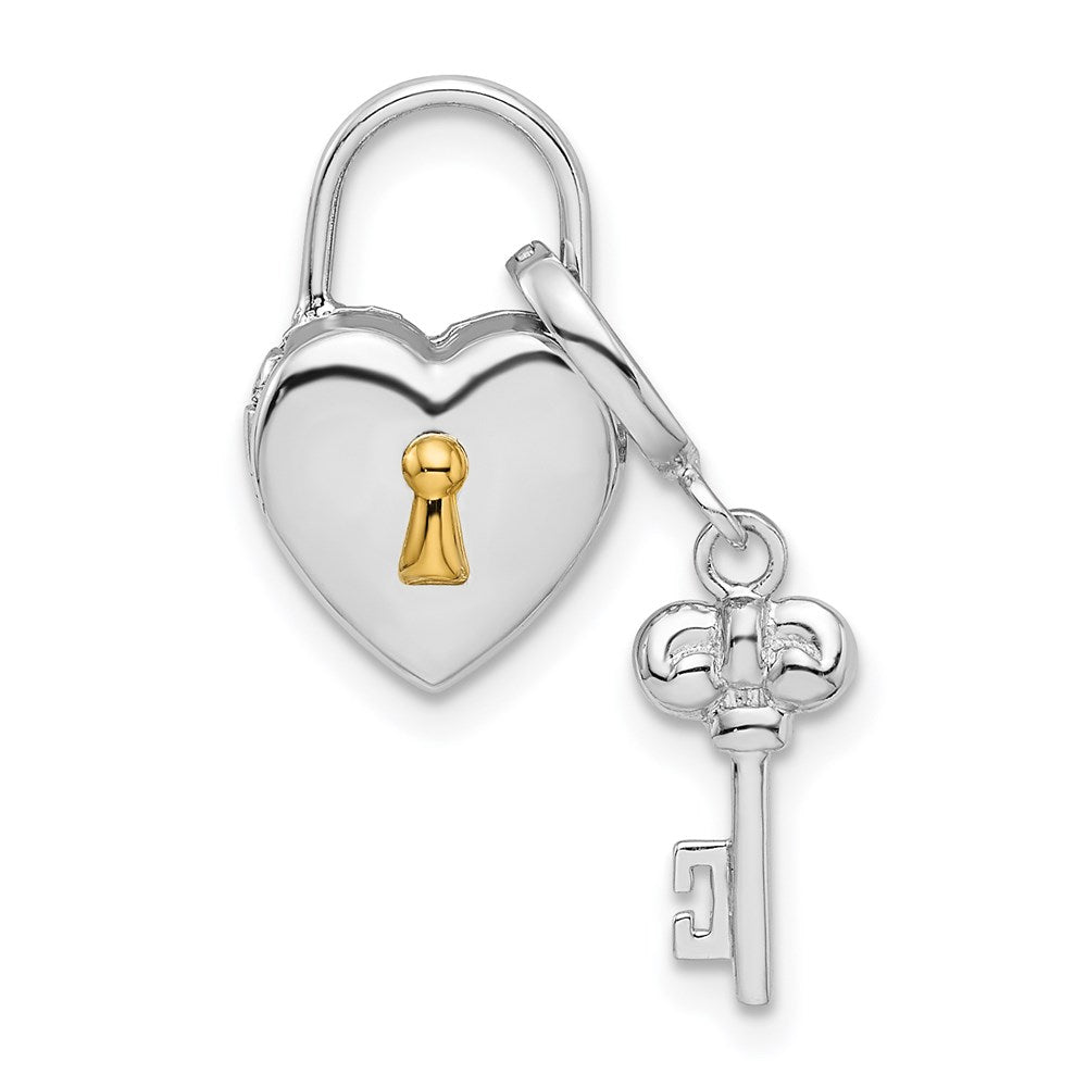 Sterling Silver Rhod & Gold-plated Heart Lock & Key Hinge Locket Charm