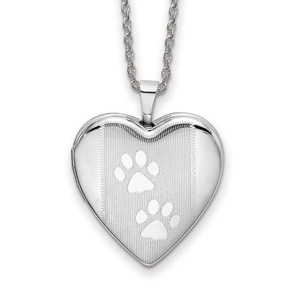 Sterling Silver Rh-pl Textured & Paw Prints Heart Locket Necklace