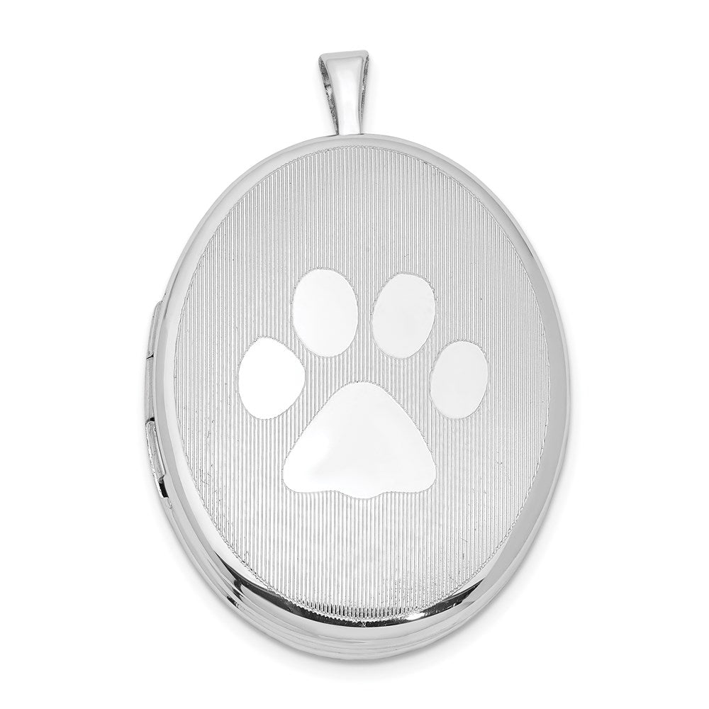 Sterling Silver Rhod-plated Textured & Polished Paw Print Oval Locket