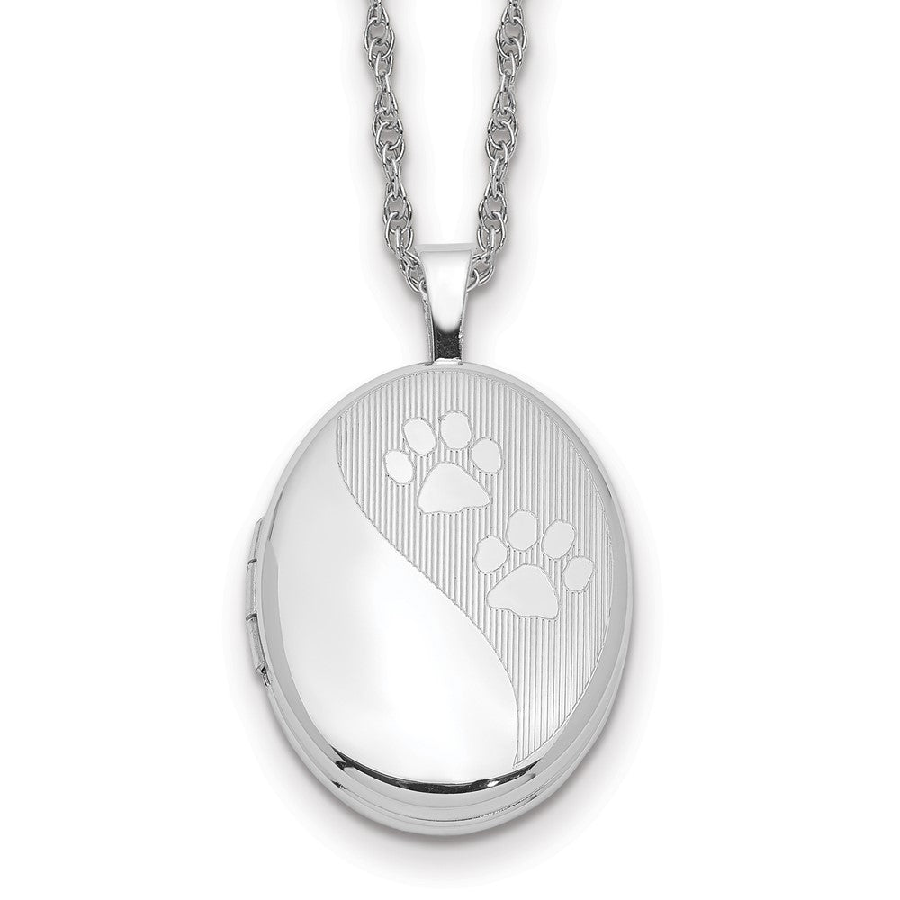 Sterling Silver Rhodium-plated Oval & Paw Prints Locket Necklace