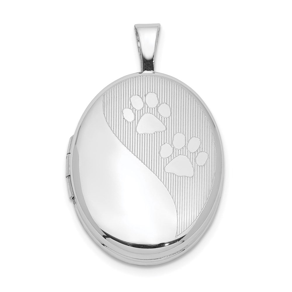 Sterling Silver Rhodium-plated Satin & Polished Paw Prints Oval Locket