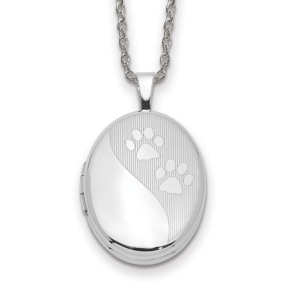 Sterling Silver Rh-pl Oval & Paw Prints Locket Necklace